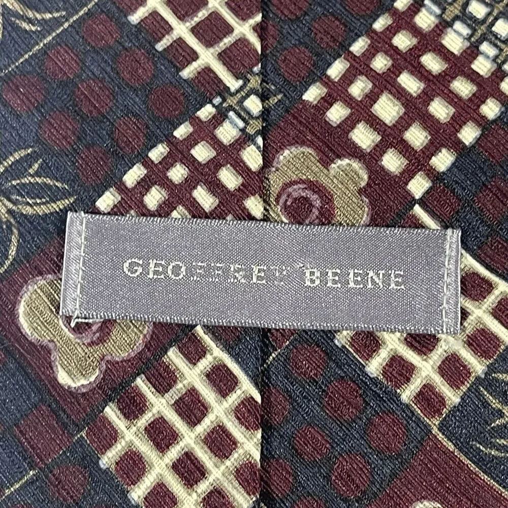 Geoffrey Beene Silk Necktie Vintage Floral Geometric Patchwork Navy Burgundy USA